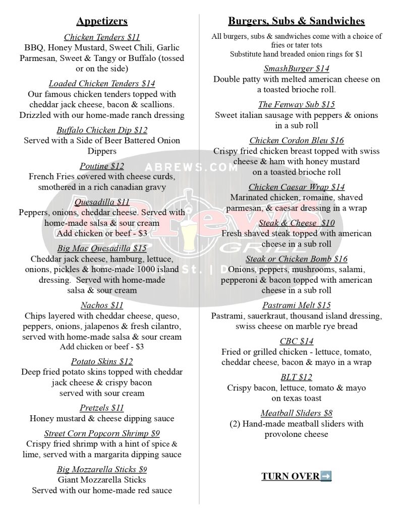 A-Brews Tap & Grill | Menu